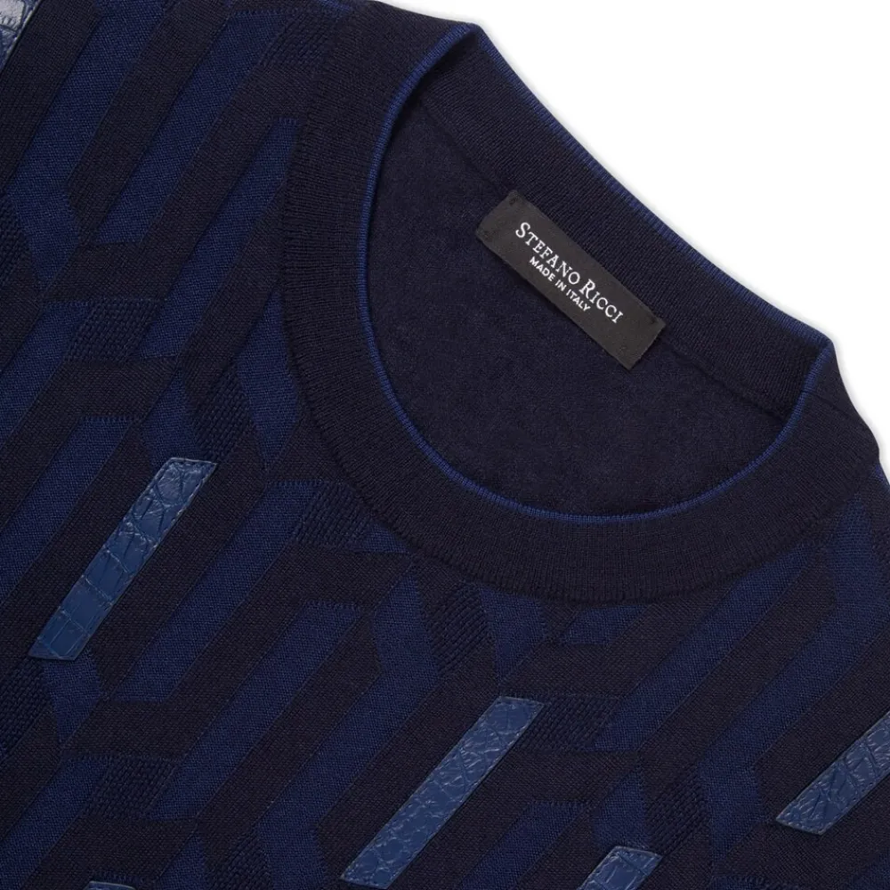 Best Sale Crew Neck Sweater With Crocodile Leather Inserts Mens Knitwear