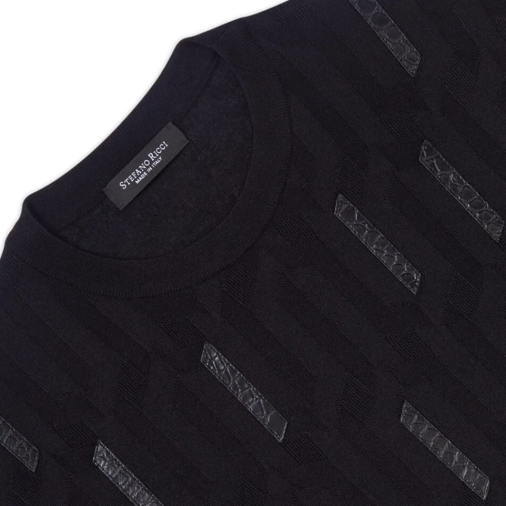 Best Crew Neck Sweater With Crocodile Leather Inserts Mens Last Sizes