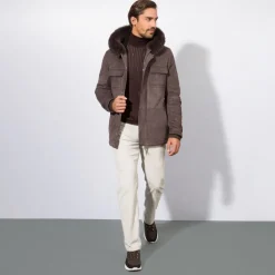 Cheap Hooded Coat With Fox Fur Trim Mens Outerwear