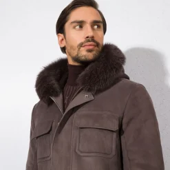 Cheap Hooded Coat With Fox Fur Trim Mens Outerwear