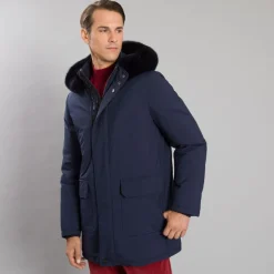 Cheap Hooded Down Jacket With Fox Fur Trim Mens Outerwear