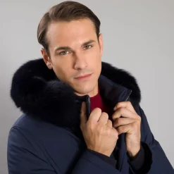 Cheap Hooded Down Jacket With Fox Fur Trim Mens Outerwear