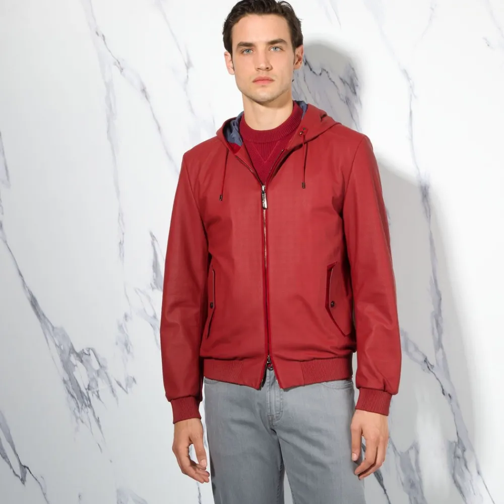 Best Sale Lambskin Leather Hooded Blouson Mens Outerwear