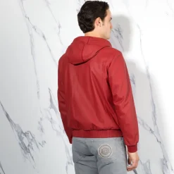 Best Sale Lambskin Leather Hooded Blouson Mens Outerwear