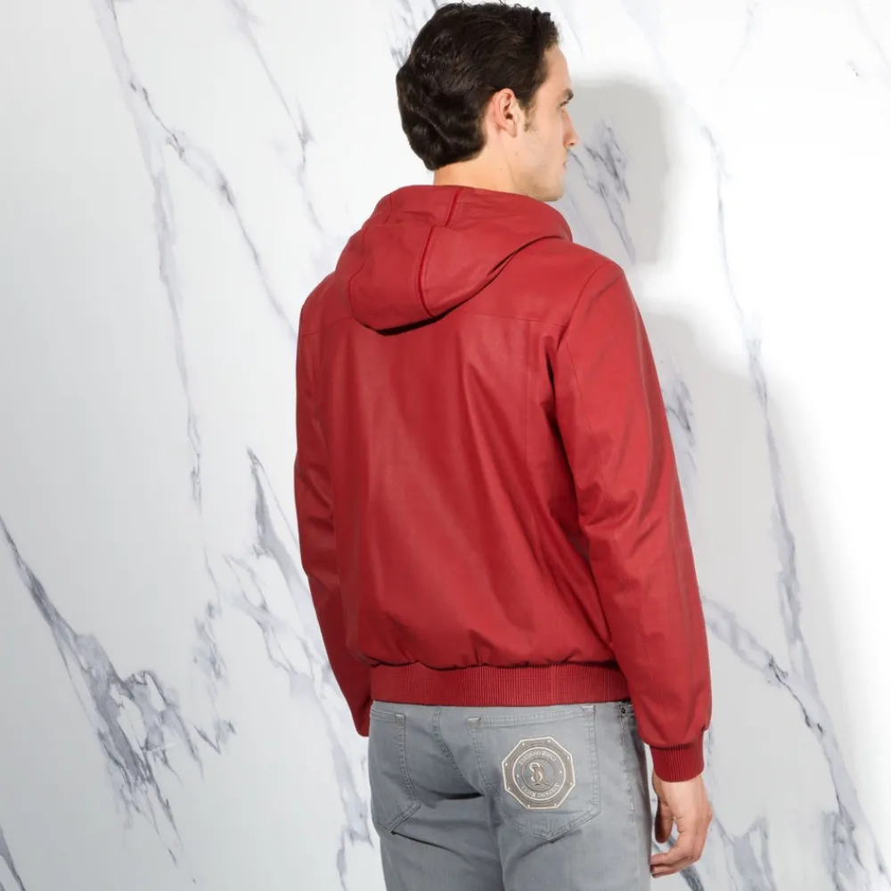 Best Sale Lambskin Leather Hooded Blouson Mens Outerwear