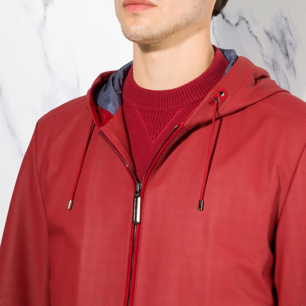 Best Sale Lambskin Leather Hooded Blouson Mens Outerwear
