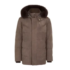 Cheap Nubuck Padded Jacket With Fox Fur Hood Mens Outerwear