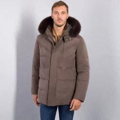 Cheap Nubuck Padded Jacket With Fox Fur Hood Mens Outerwear