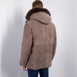 Cheap Nubuck Padded Jacket With Fox Fur Hood Mens Outerwear