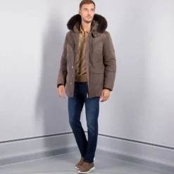 Cheap Nubuck Padded Jacket With Fox Fur Hood Mens Outerwear